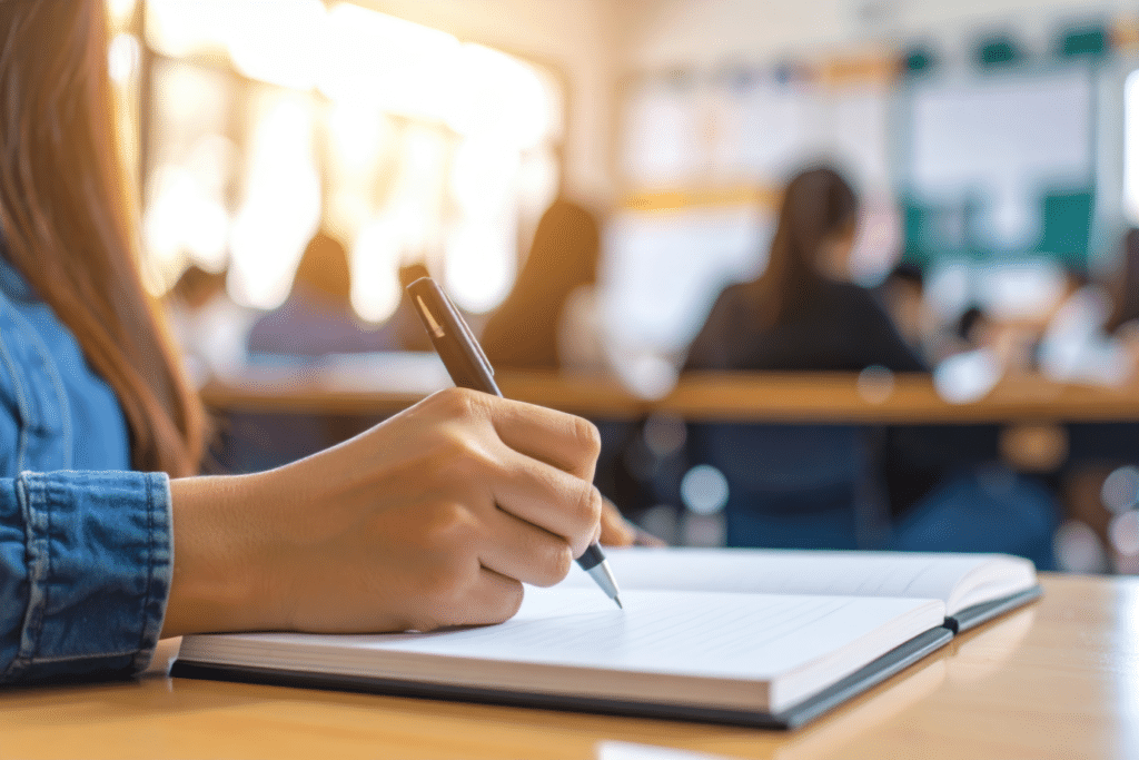 personne qui écrit dans un cahier blanc